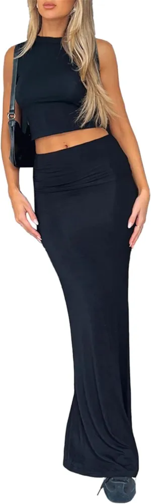 2 Piece Skirt Sets for Women Summer Sleeveless Tank Crop Top Fold Over Bodycon Maxi Long Skirts Y2K Vacation Outfits