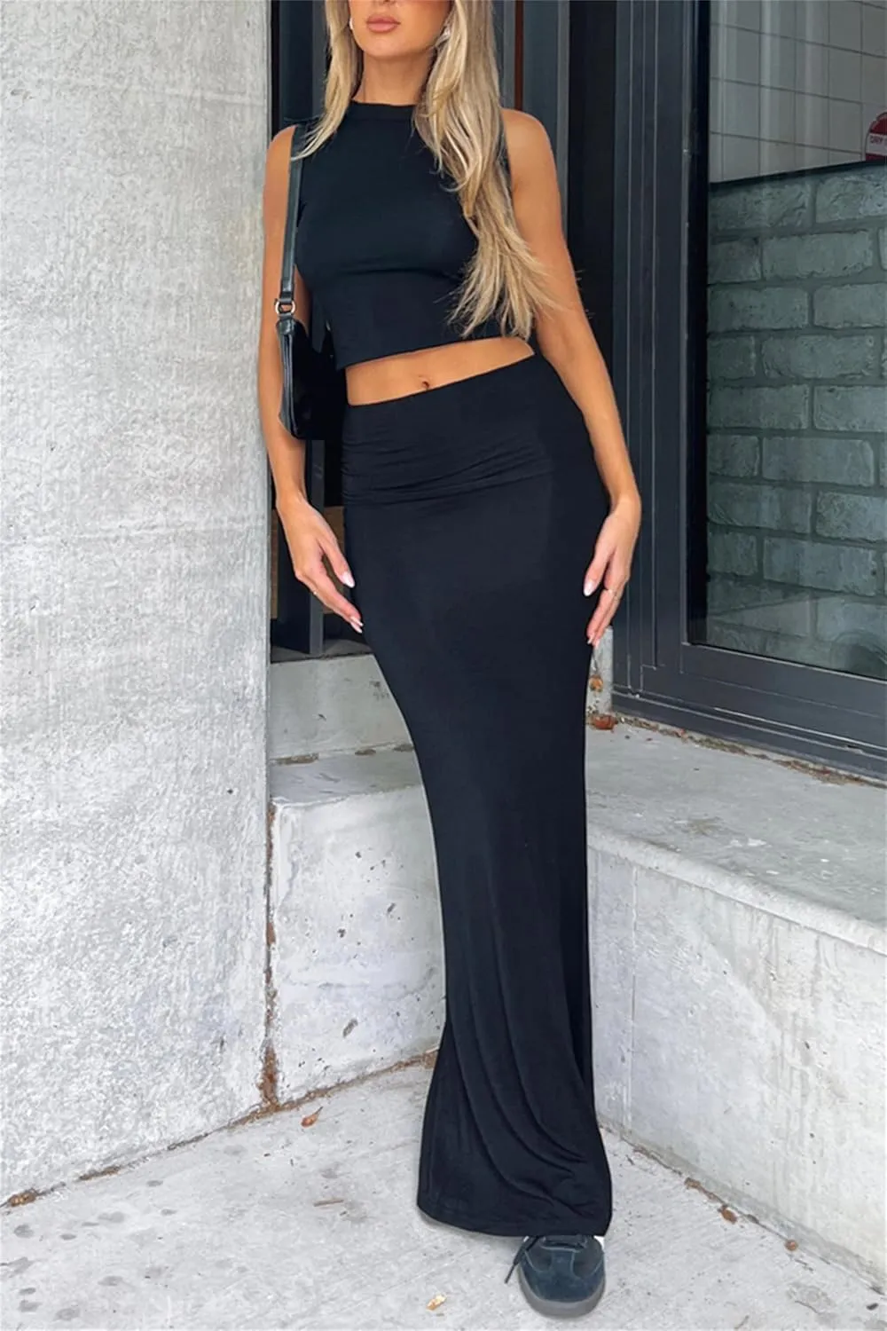 2 Piece Skirt Sets for Women Summer Sleeveless Tank Crop Top Fold Over Bodycon Maxi Long Skirts Y2K Vacation Outfits