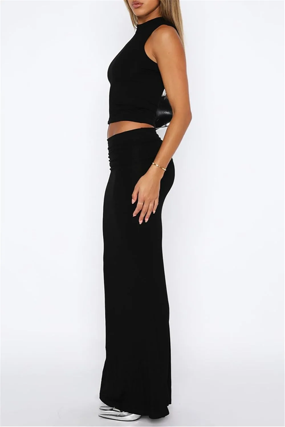 2 Piece Skirt Sets for Women Summer Sleeveless Tank Crop Top Fold Over Bodycon Maxi Long Skirts Y2K Vacation Outfits
