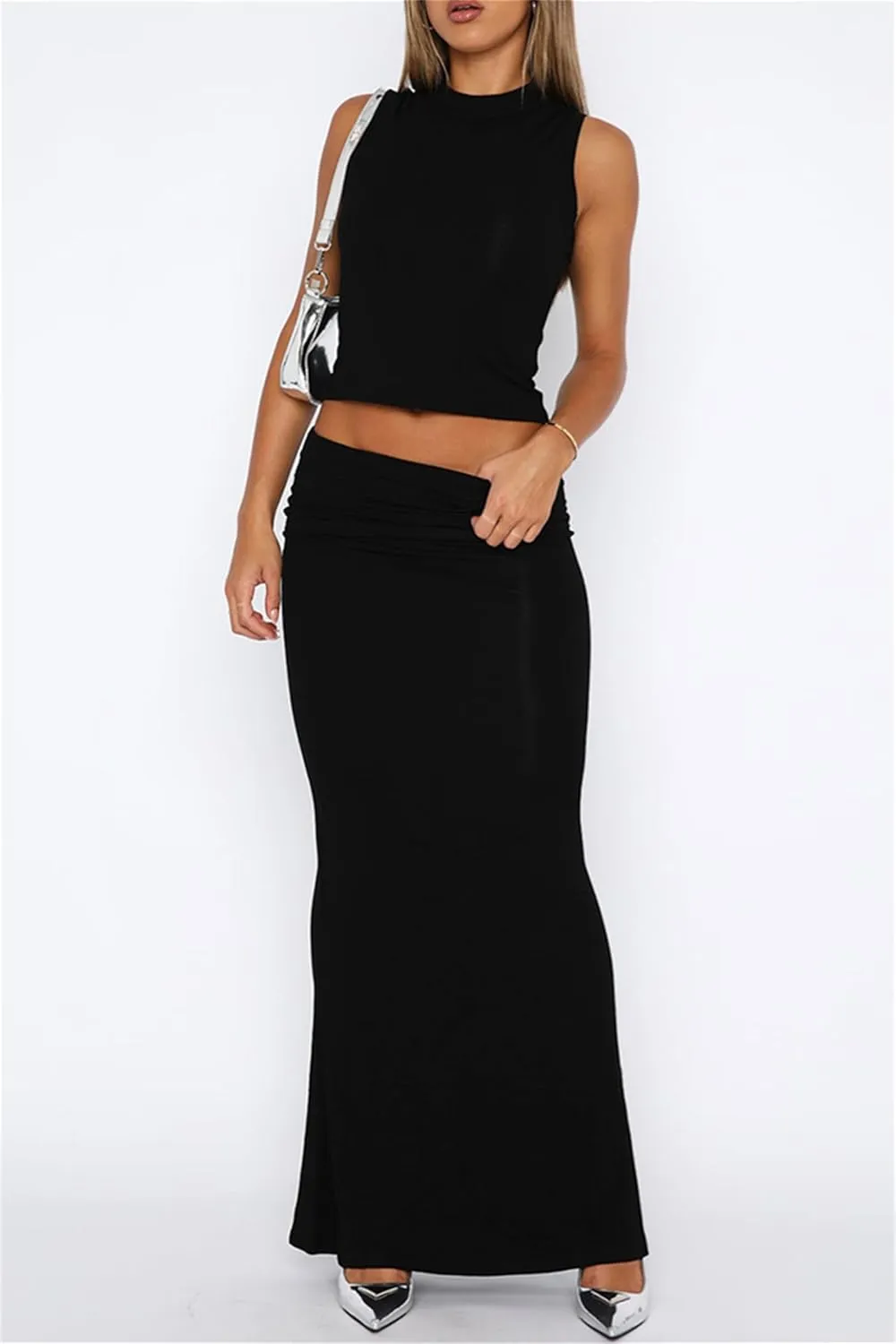 2 Piece Skirt Sets for Women Summer Sleeveless Tank Crop Top Fold Over Bodycon Maxi Long Skirts Y2K Vacation Outfits