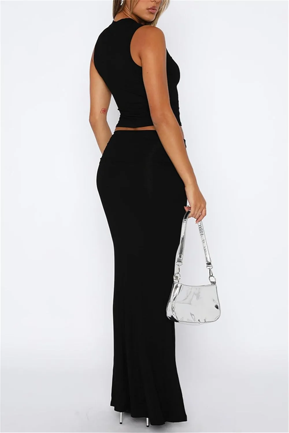 2 Piece Skirt Sets for Women Summer Sleeveless Tank Crop Top Fold Over Bodycon Maxi Long Skirts Y2K Vacation Outfits