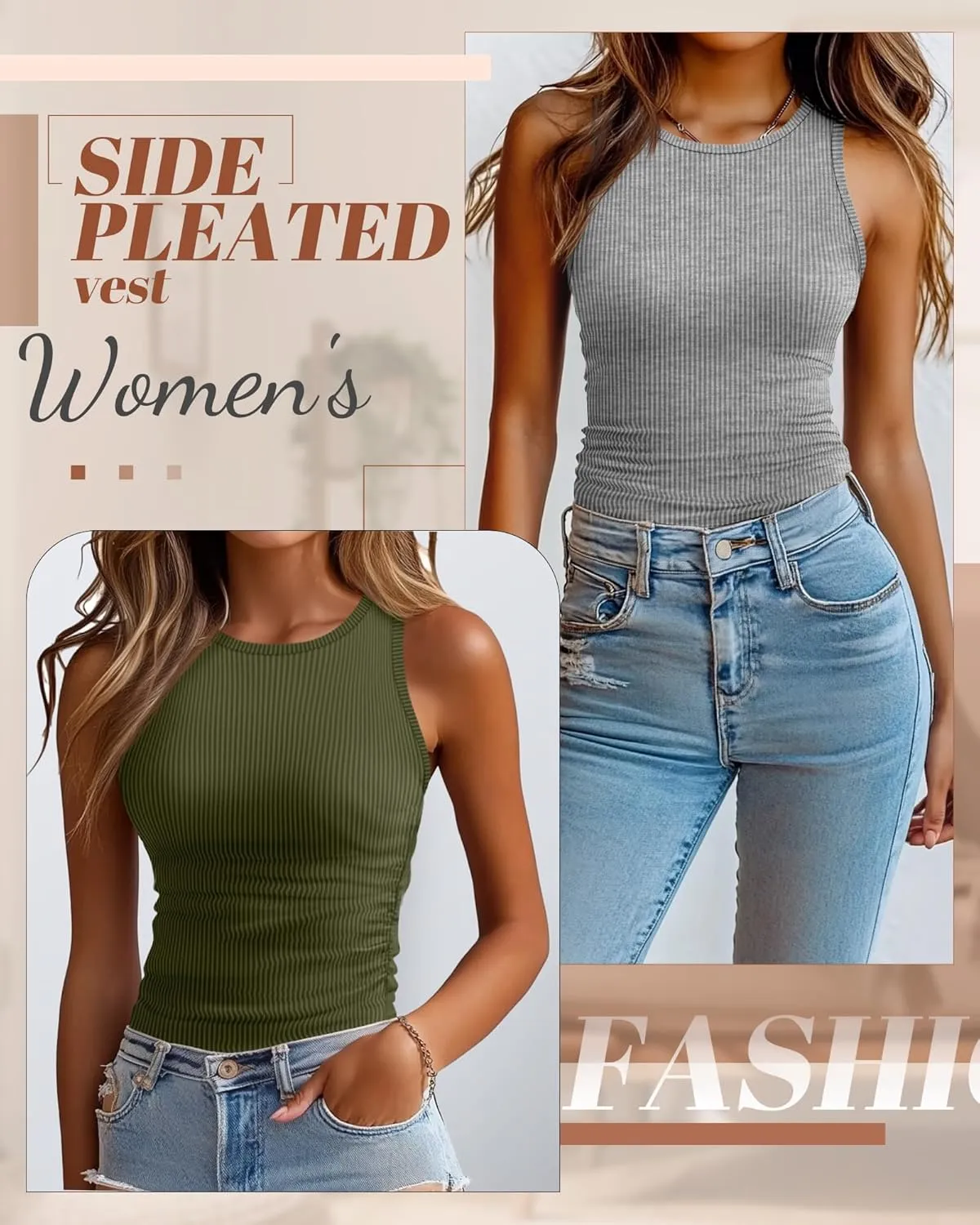 3 Pack Women's Sleeveless Tank Tops, Ribbed Knit Slim Fit Crew Neck Tops Side Ruched Summer Racerback Workout Shirts