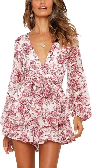 AIMCOO Women's Floral Print Deep V-Neck Romper Double Layer Ruffle Hem Jumpsuits Long Baggy Sleeves Waist Tie Short Rompers