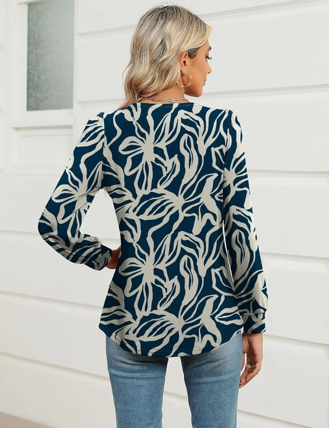 AKEWEI Womens Fall Long Sleeve Tops Work Casual Dressy Shirts for Women Keyhole Pleated Puff Sleeve Blouse