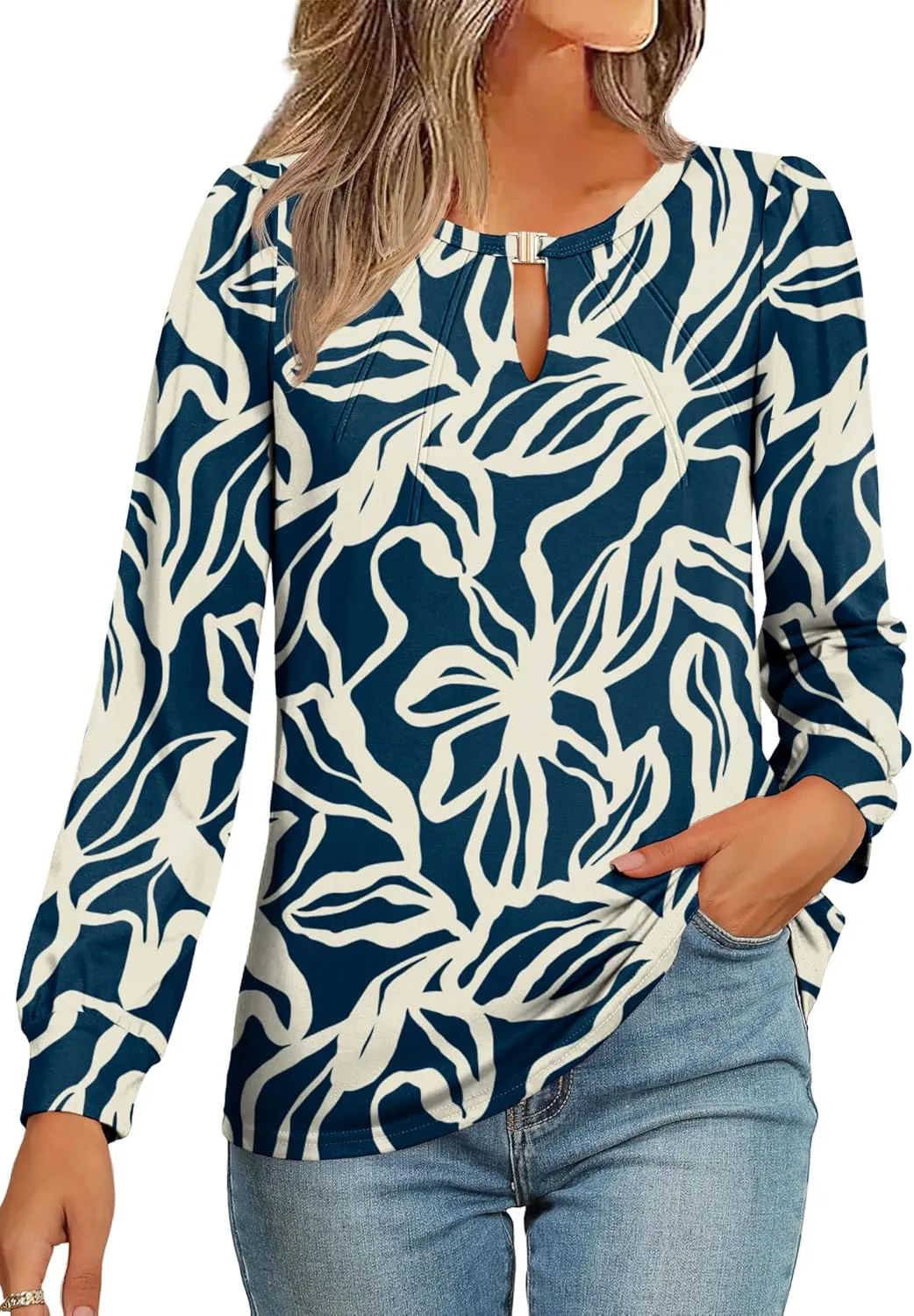 AKEWEI Womens Fall Long Sleeve Tops Work Casual Dressy Shirts for Women Keyhole Pleated Puff Sleeve Blouse