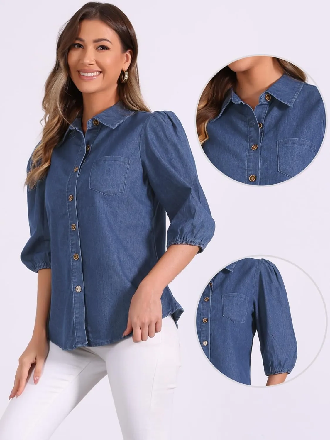Allegra K Denim Shirt for Women's 3/4 Puff Sleeve Collar Button Down Jean Shirts
