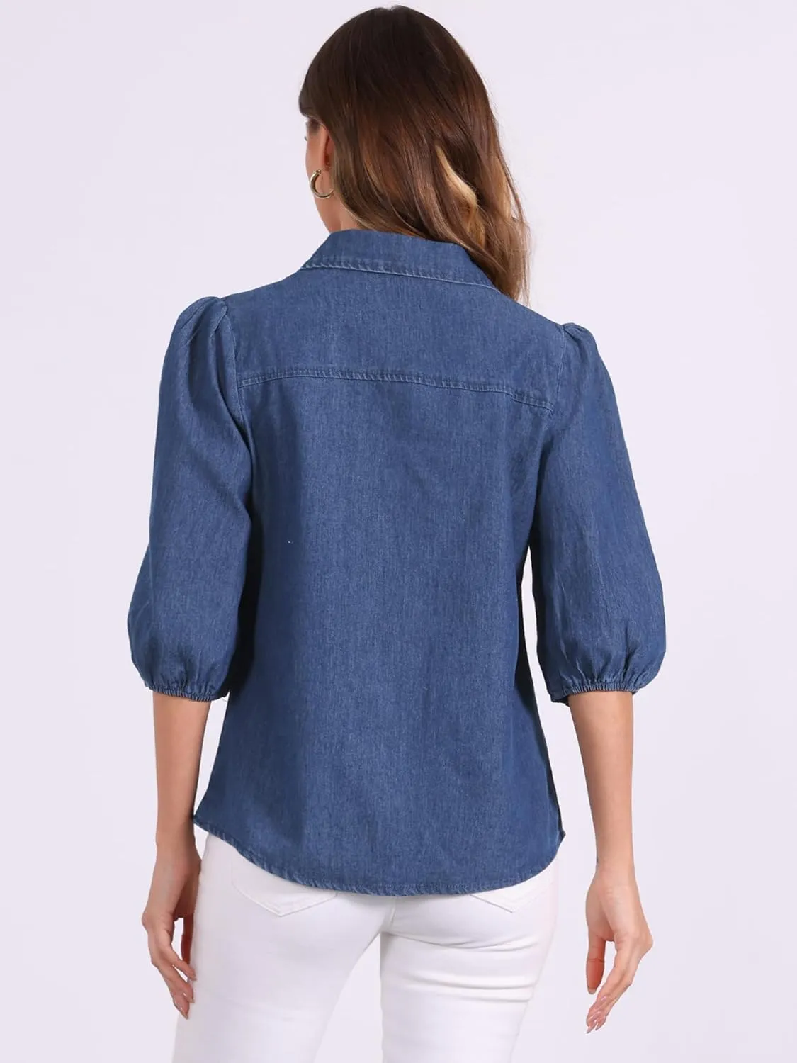 Allegra K Denim Shirt for Women's 3/4 Puff Sleeve Collar Button Down Jean Shirts