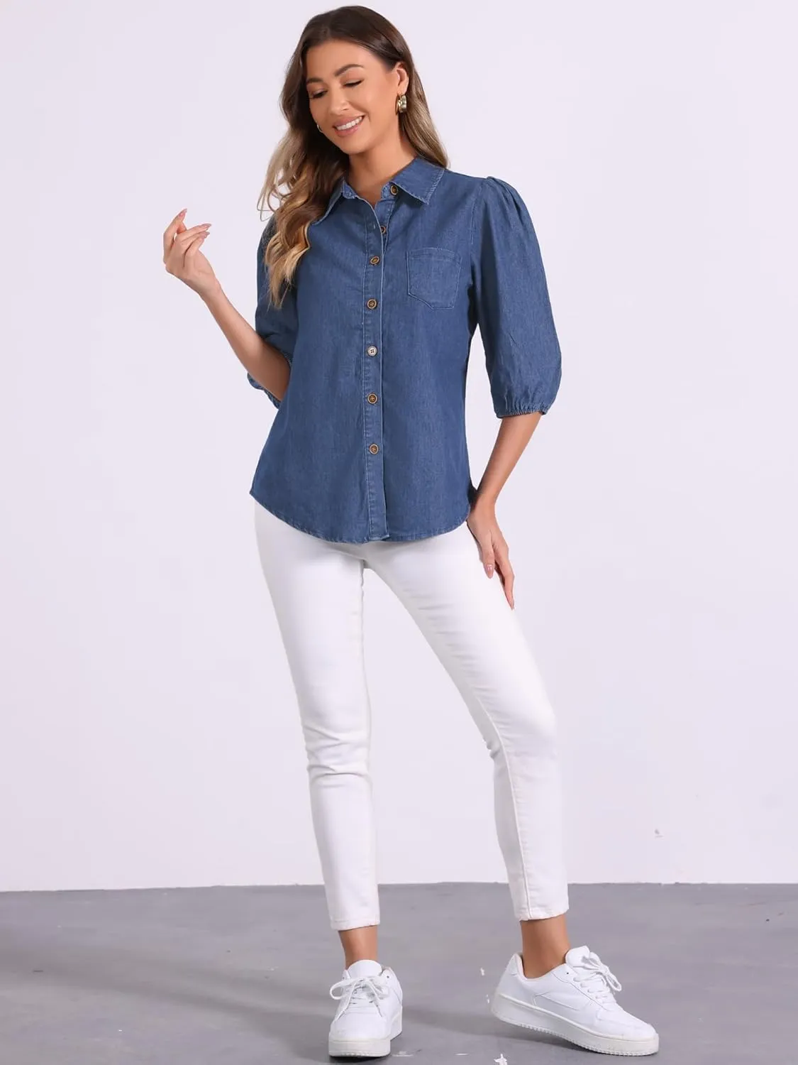 Allegra K Denim Shirt for Women's 3/4 Puff Sleeve Collar Button Down Jean Shirts