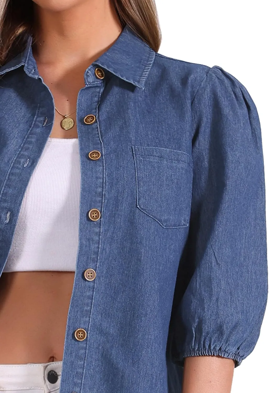 Allegra K Denim Shirt for Women's 3/4 Puff Sleeve Collar Button Down Jean Shirts
