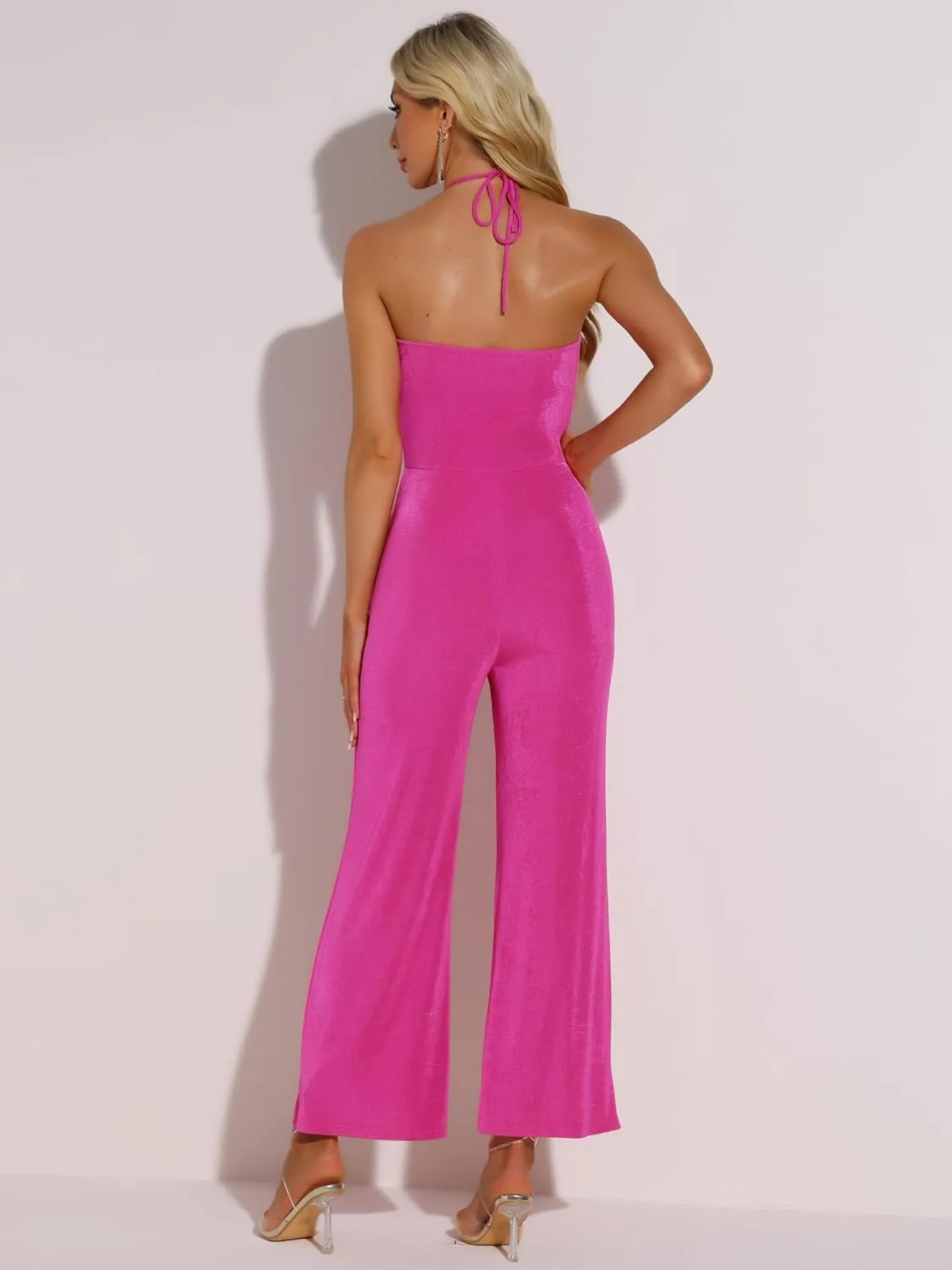 Allegra K Party Jumpsuit for Women's Halter Neck Sleeveless High Waist Wide Legs Rompers