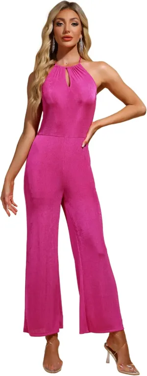 Allegra K Party Jumpsuit for Women's Halter Neck Sleeveless High Waist Wide Legs Rompers