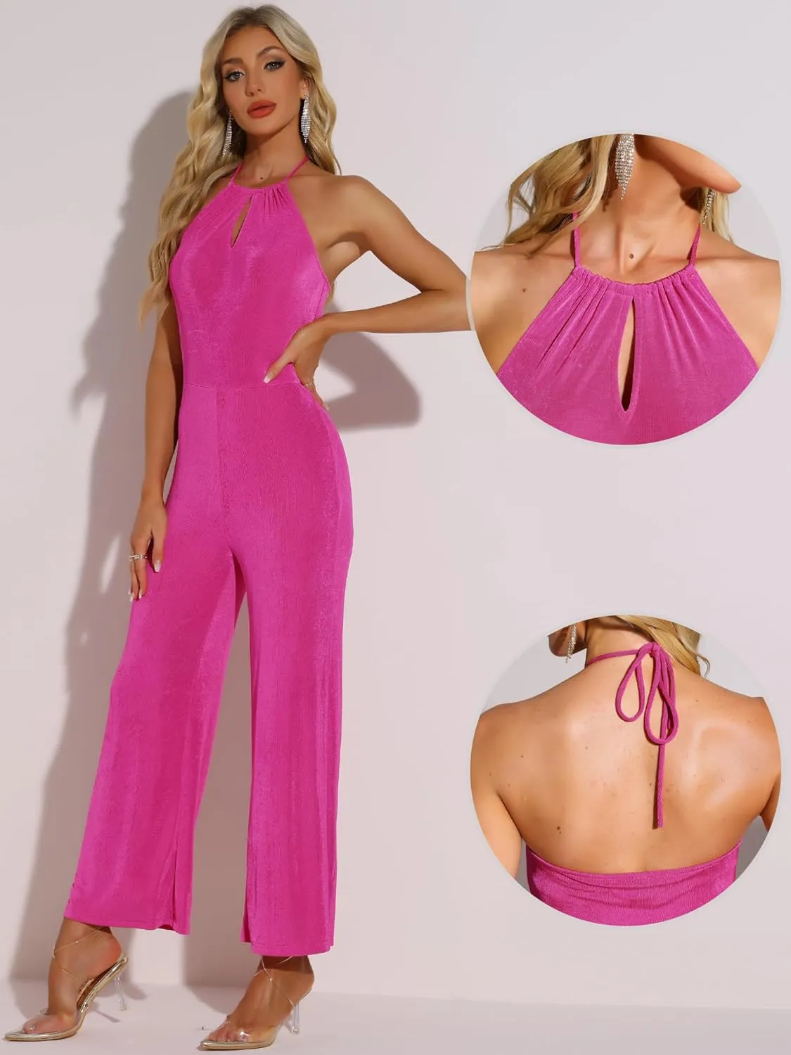 Allegra K Party Jumpsuit for Women's Halter Neck Sleeveless High Waist Wide Legs Rompers