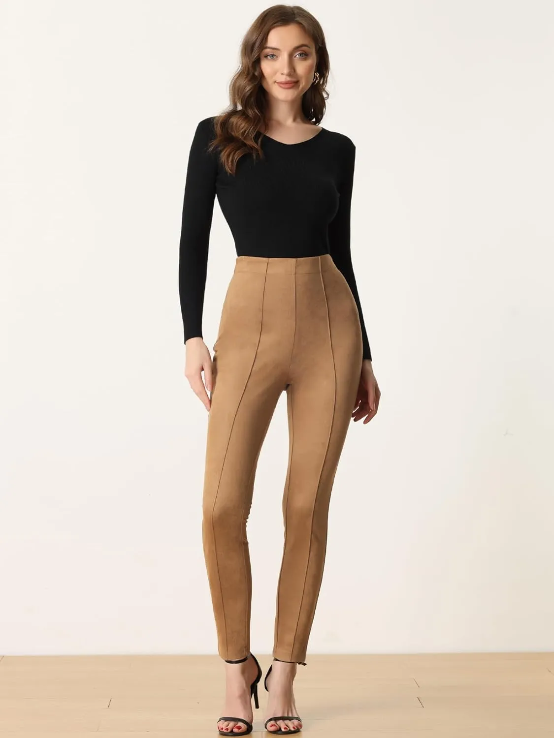 Allegra K Women's Faux Suede Leggings High Waisted Stretch Slim Casual Pants