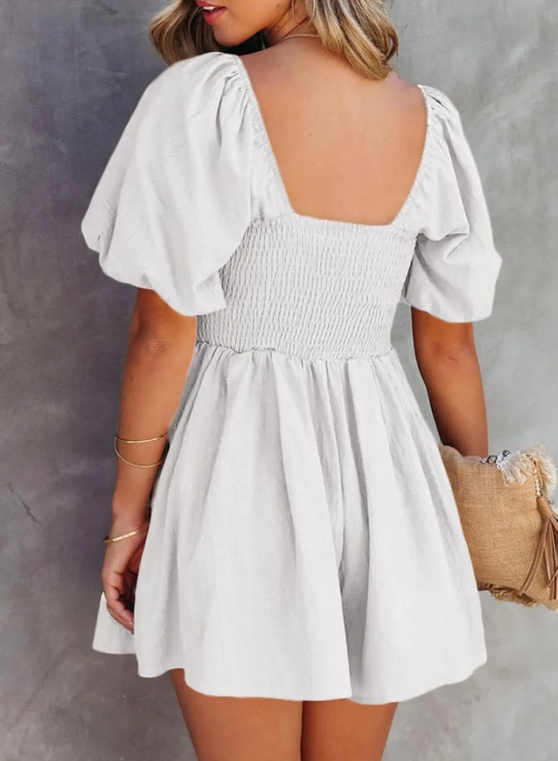AlvaQ Womens Summer Cute Puff Sleeve Elastic Square Neck Mini Short Romper with Pockets