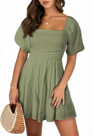 AlvaQ Womens Summer Cute Puff Sleeve Elastic Square Neck Mini Short Romper with Pockets