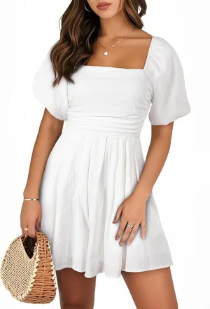 AlvaQ Womens Summer Cute Puff Sleeve Elastic Square Neck Mini Short Romper with Pockets