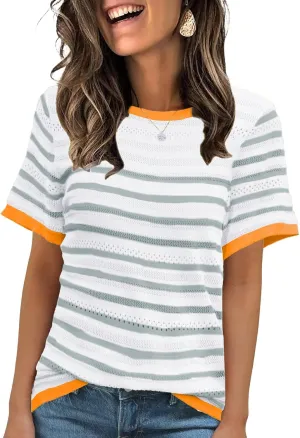 ANCAPELION Women's Short Sleeve Sweater Top Striped Knit Crew Neck Pullover for Summer Trendy Shirts