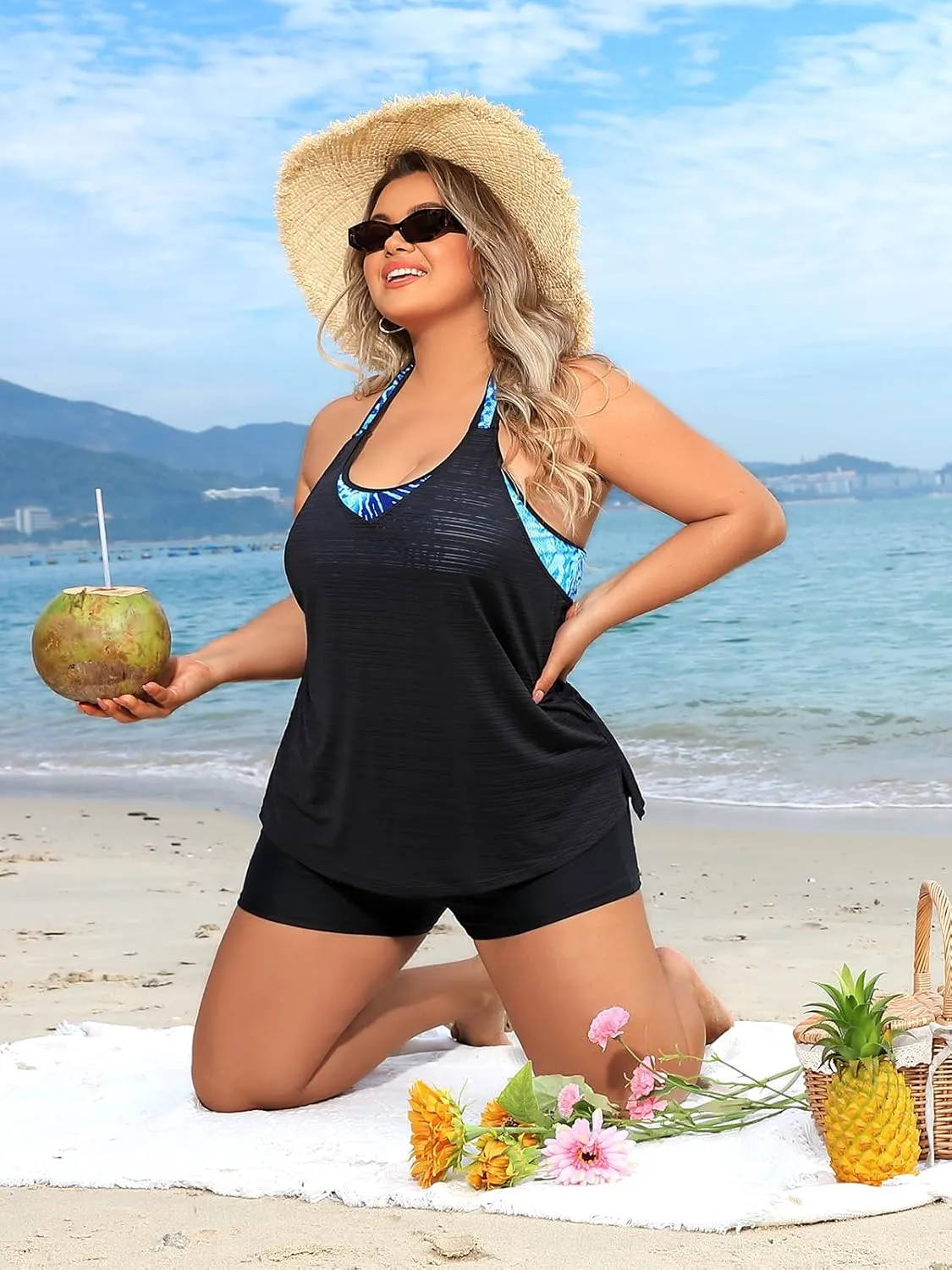 Angel season Plus Size Tankini Swim Tops for Women Black Swimsuits Top Only Double Layer Bathing Suits T-Back Leopard