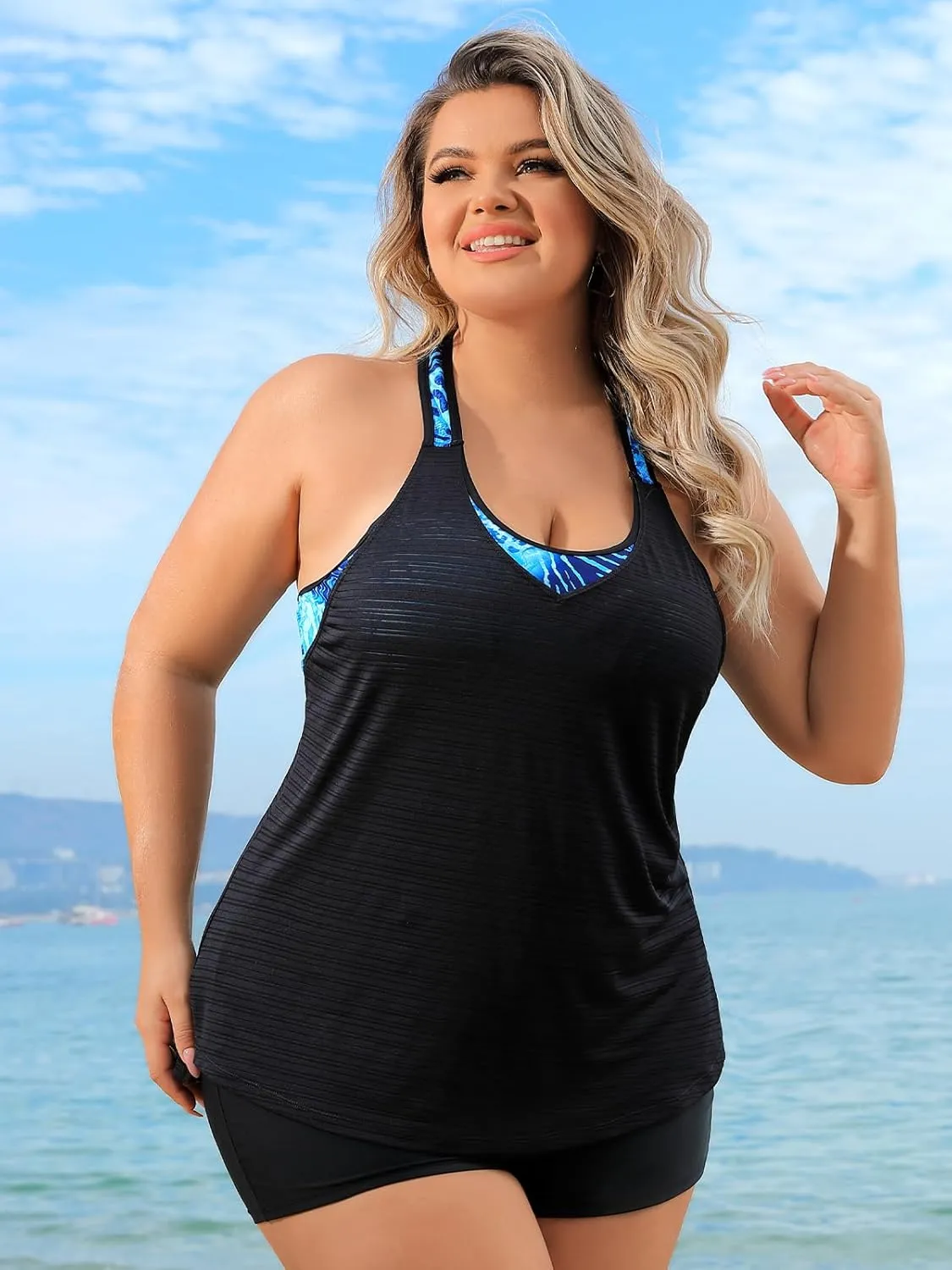 Angel season Plus Size Tankini Swim Tops for Women Black Swimsuits Top Only Double Layer Bathing Suits T-Back Leopard