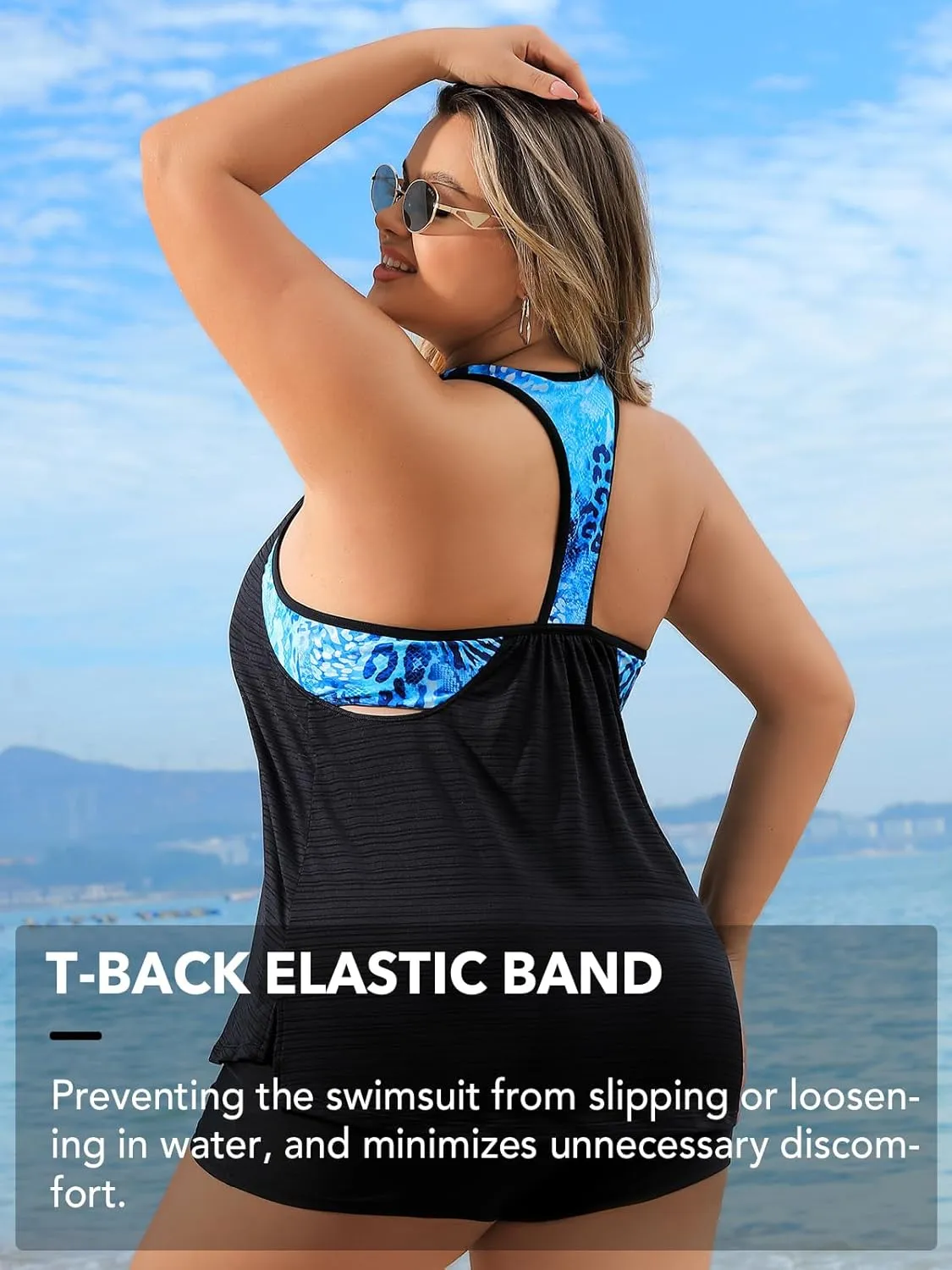 Angel season Plus Size Tankini Swim Tops for Women Black Swimsuits Top Only Double Layer Bathing Suits T-Back Leopard