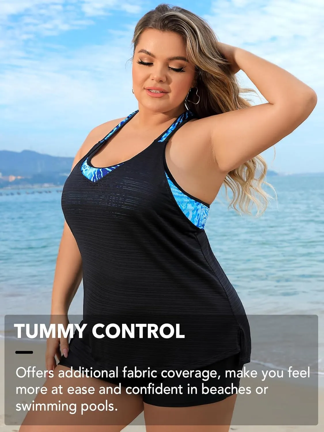 Angel season Plus Size Tankini Swim Tops for Women Black Swimsuits Top Only Double Layer Bathing Suits T-Back Leopard