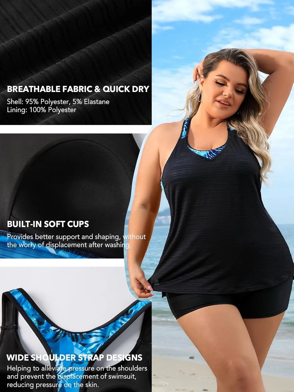 Angel season Plus Size Tankini Swim Tops for Women Black Swimsuits Top Only Double Layer Bathing Suits T-Back Leopard