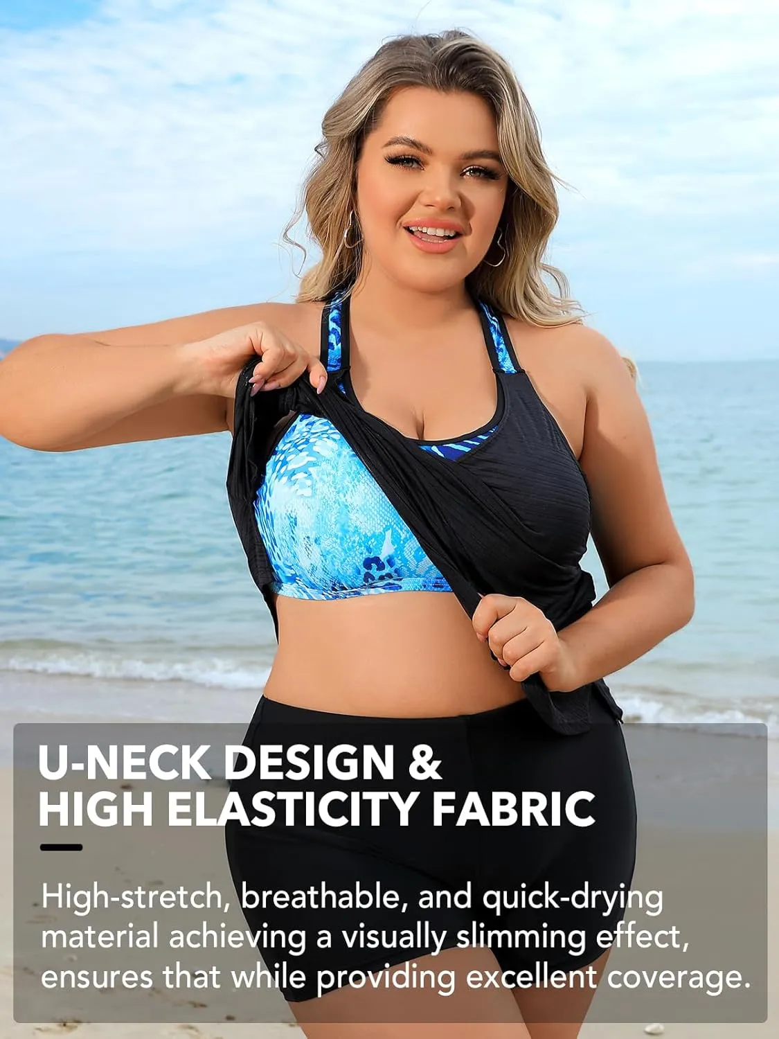 Angel season Plus Size Tankini Swim Tops for Women Black Swimsuits Top Only Double Layer Bathing Suits T-Back Leopard