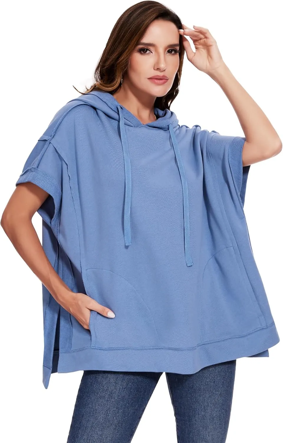 Anna-Kaci Womens Oversized Short Sleeve Hoodie Side Slits Pullover Sweater Top