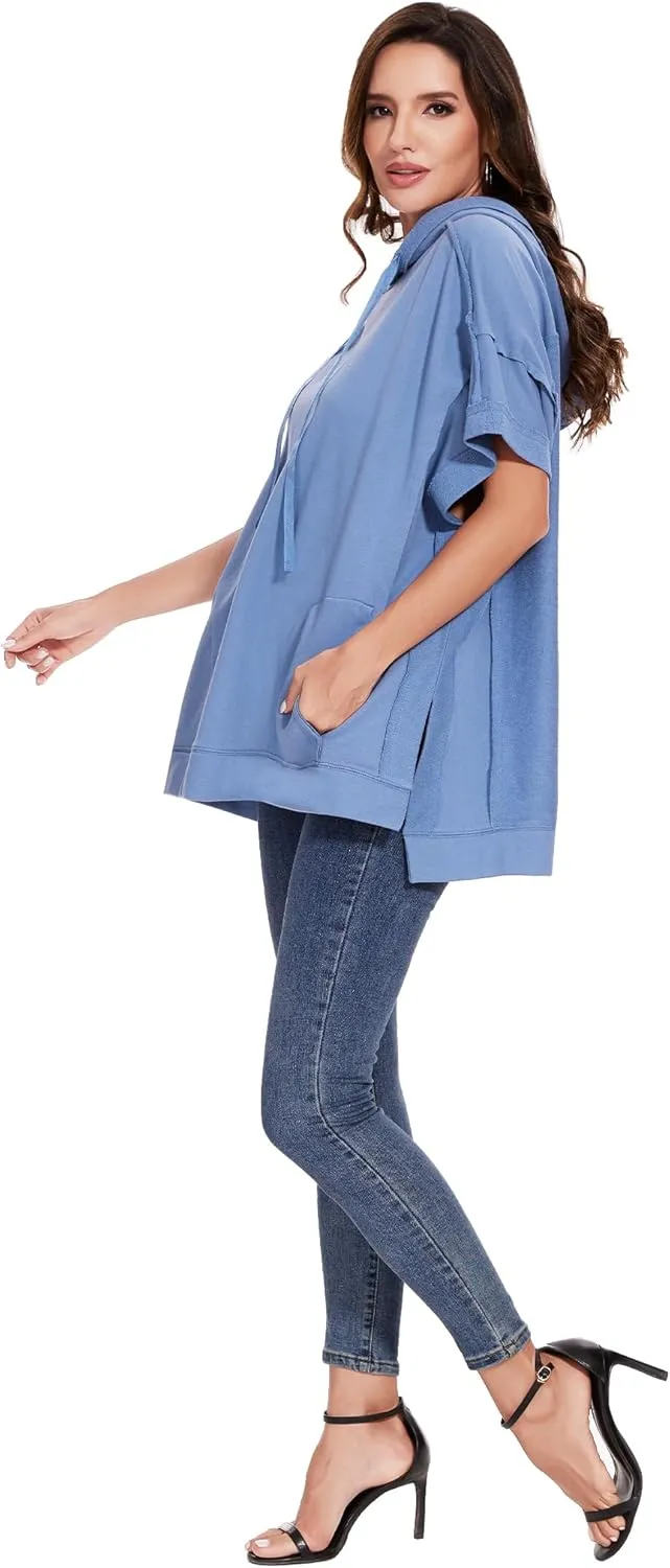 Anna-Kaci Womens Oversized Short Sleeve Hoodie Side Slits Pullover Sweater Top