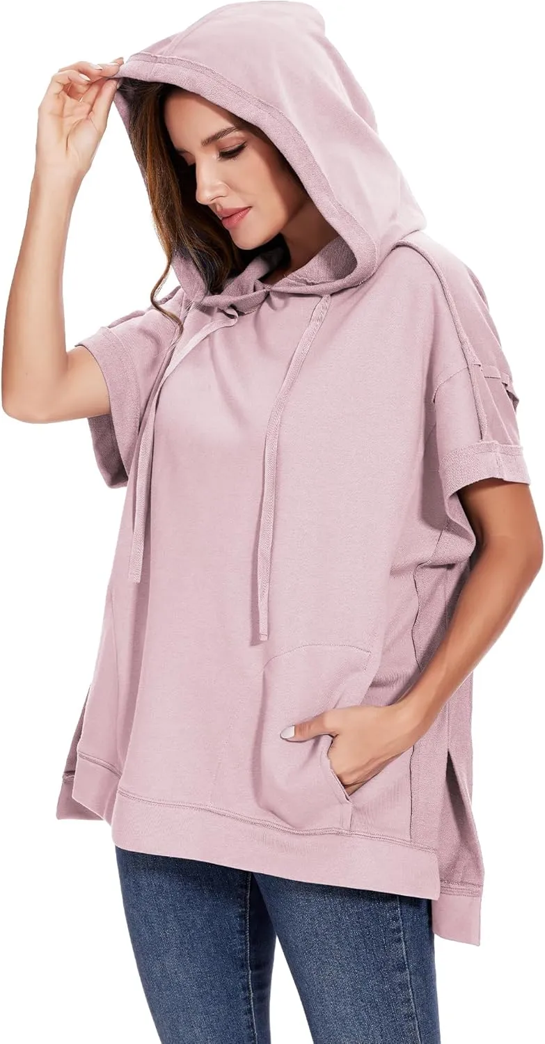 Anna-Kaci Womens Oversized Short Sleeve Hoodie Side Slits Pullover Sweater Top