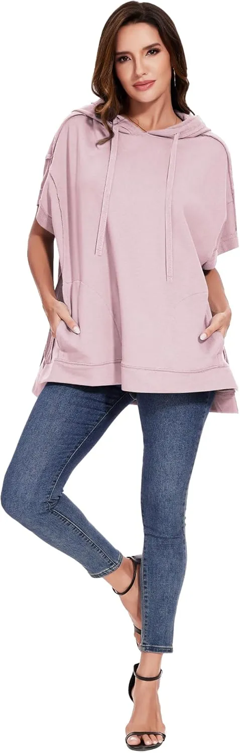 Anna-Kaci Womens Oversized Short Sleeve Hoodie Side Slits Pullover Sweater Top