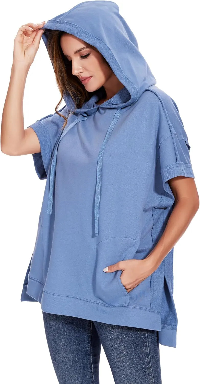 Anna-Kaci Womens Oversized Short Sleeve Hoodie Side Slits Pullover Sweater Top