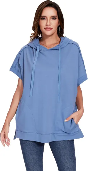 Anna-Kaci Womens Oversized Short Sleeve Hoodie Side Slits Pullover Sweater Top