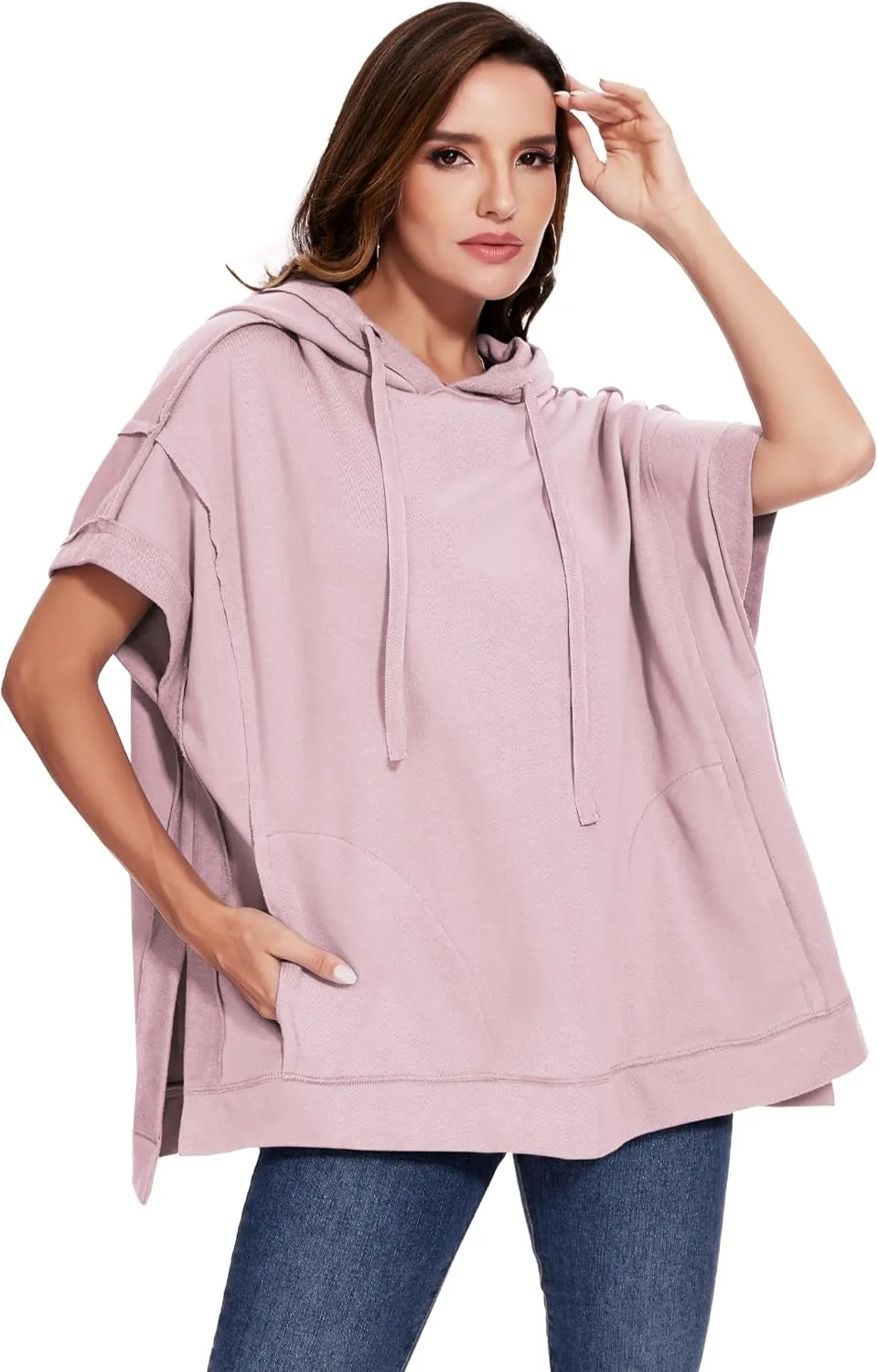 Anna-Kaci Womens Oversized Short Sleeve Hoodie Side Slits Pullover Sweater Top