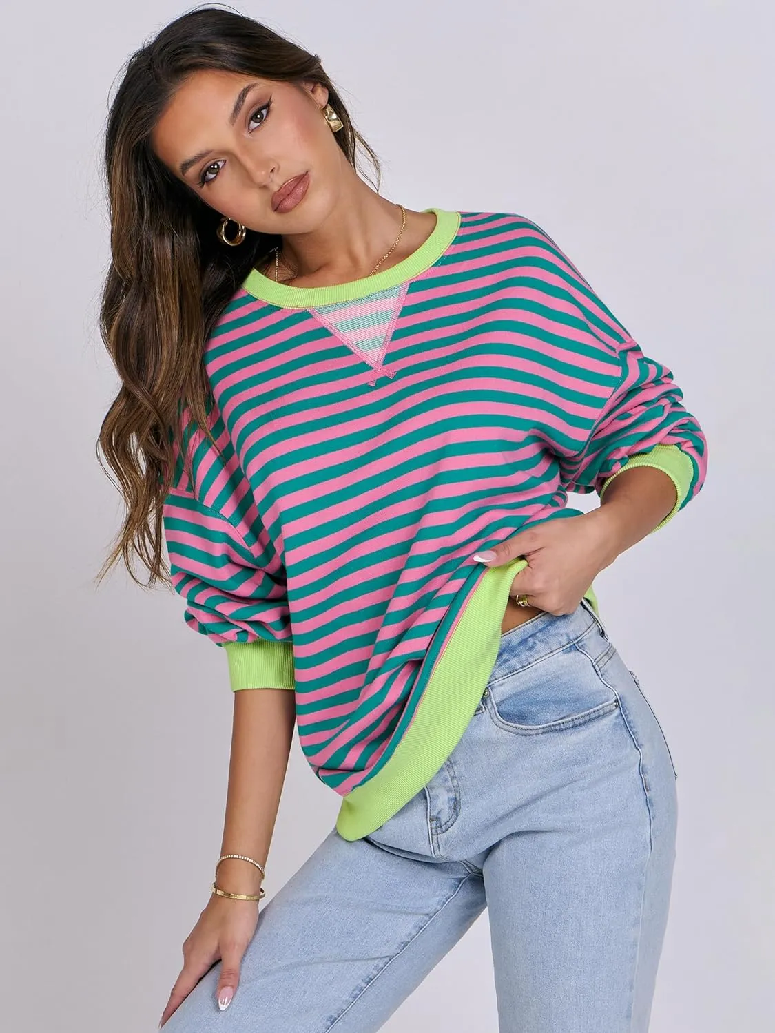 ANRABESS Women Striped Oversized Sweatshirt Crewneck Long Sleeve Shirts Hoodies 2025 Summer Fashion Pullover Top Y2K Outfits