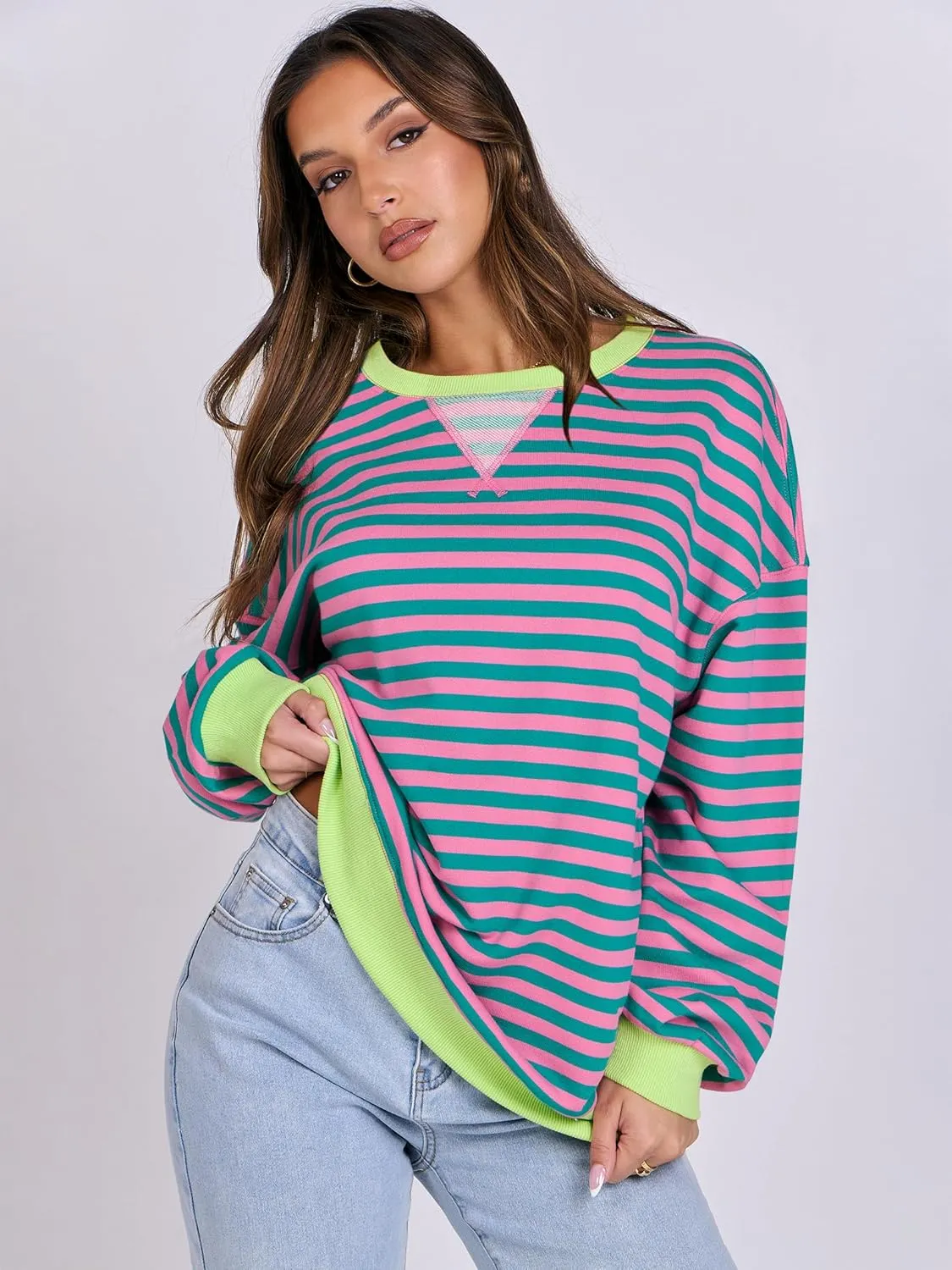 ANRABESS Women Striped Oversized Sweatshirt Crewneck Long Sleeve Shirts Hoodies 2025 Summer Fashion Pullover Top Y2K Outfits