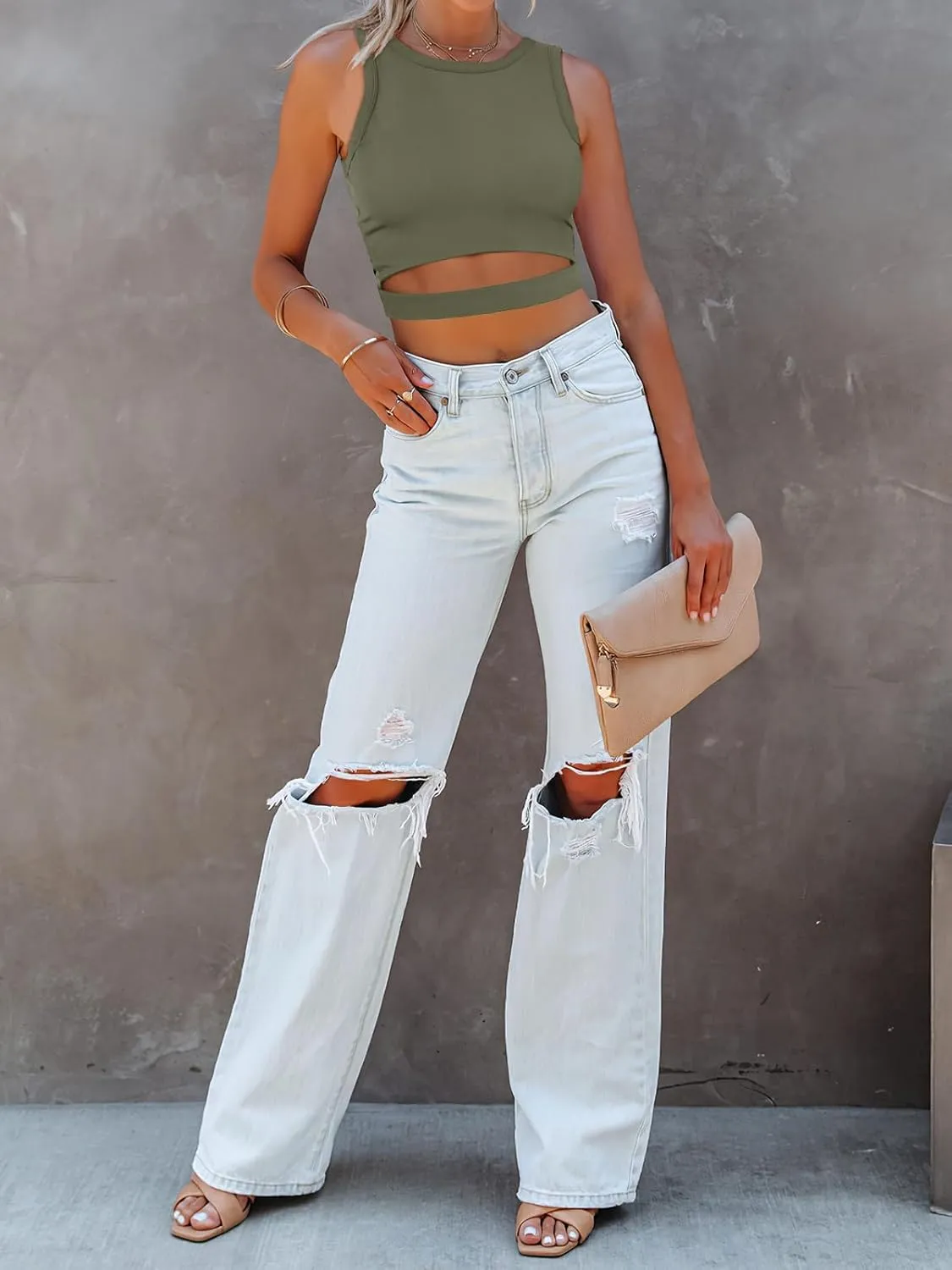 ANRABESS Women Tank Tops High Neck Sleeveless Sexy Cutout Racer Back Going Out Crop Tops Shirts Summer Y2K Outfits