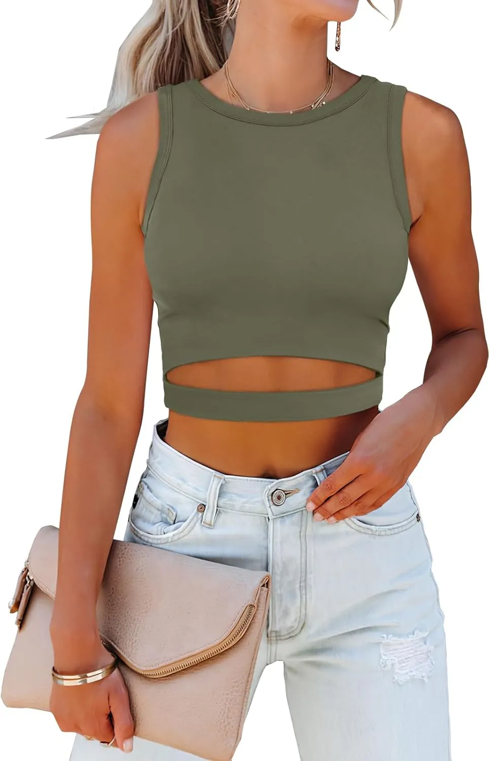 ANRABESS Women Tank Tops High Neck Sleeveless Sexy Cutout Racer Back Going Out Crop Tops Shirts Summer Y2K Outfits
