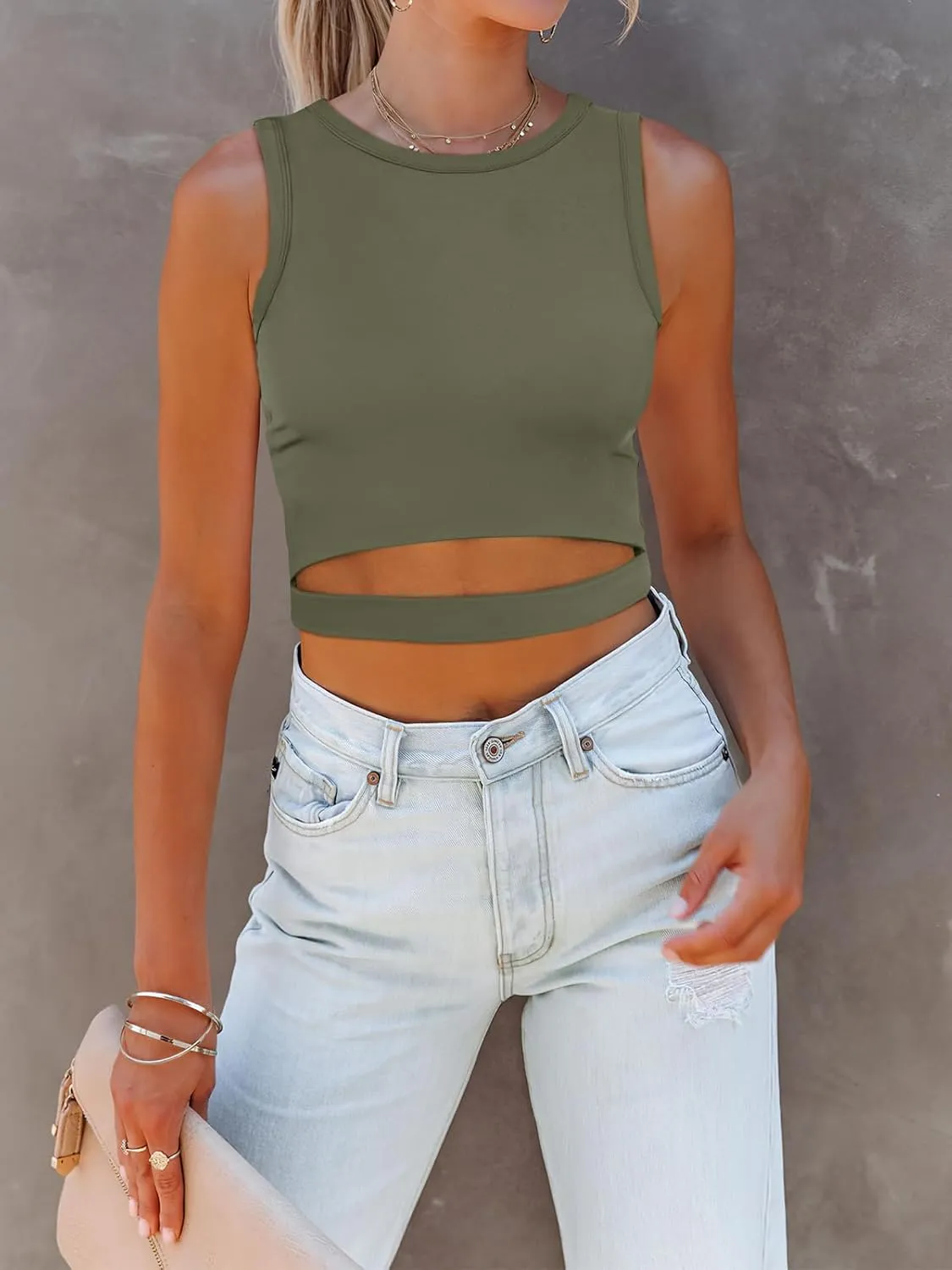 ANRABESS Women Tank Tops High Neck Sleeveless Sexy Cutout Racer Back Going Out Crop Tops Shirts Summer Y2K Outfits