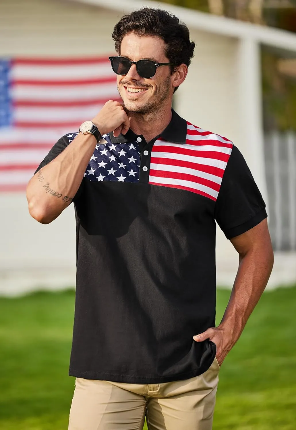 Arvilhill Men's American Flag Polo Shirts Short Sleeve 4th of July Cotton Golf Shirt (S-3XL)