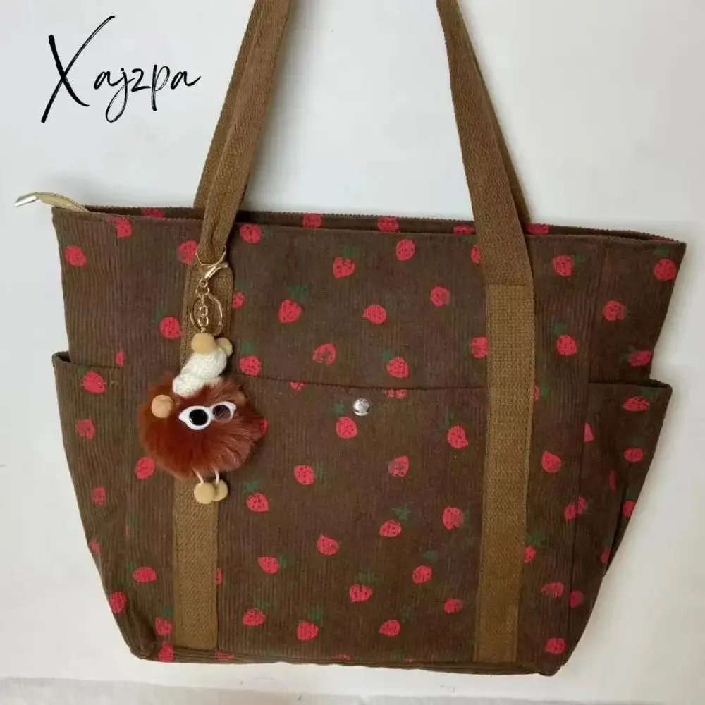 Beautiful Corduroy Strawberry Shoulder Bag Sweet Fresh Versatile Handbag with Academy Style Large Capacity Classroom Tote Bag