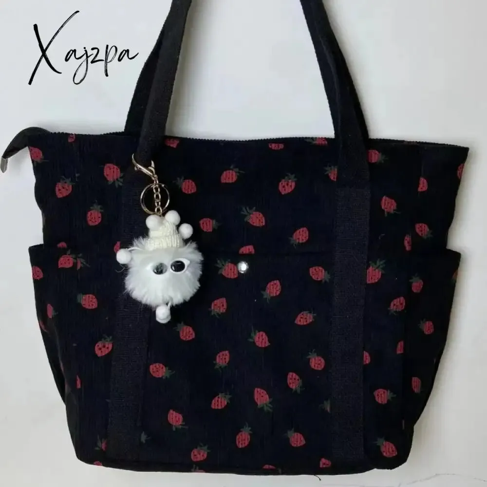 Beautiful Corduroy Strawberry Shoulder Bag Sweet Fresh Versatile Handbag with Academy Style Large Capacity Classroom Tote Bag