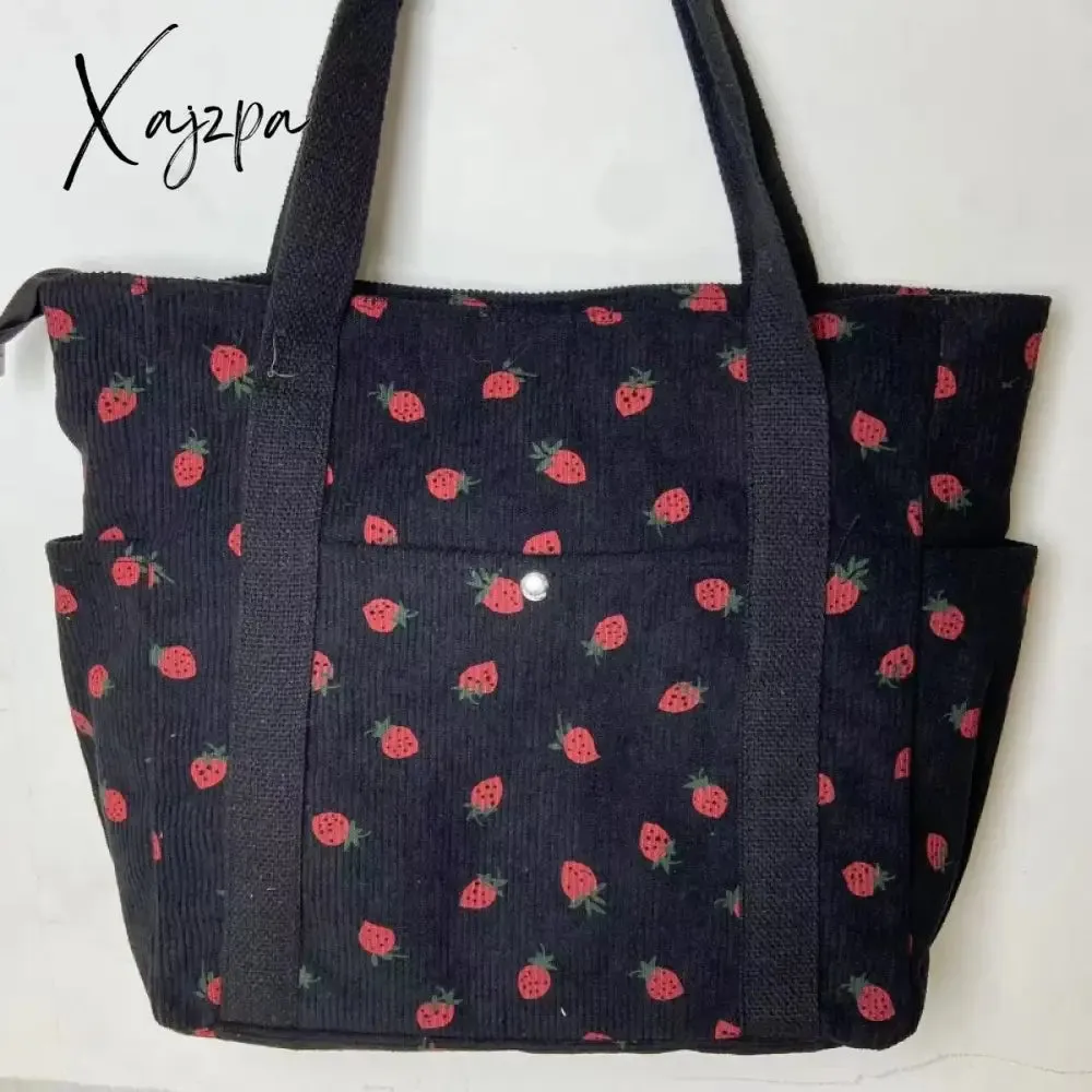 Beautiful Corduroy Strawberry Shoulder Bag Sweet Fresh Versatile Handbag with Academy Style Large Capacity Classroom Tote Bag