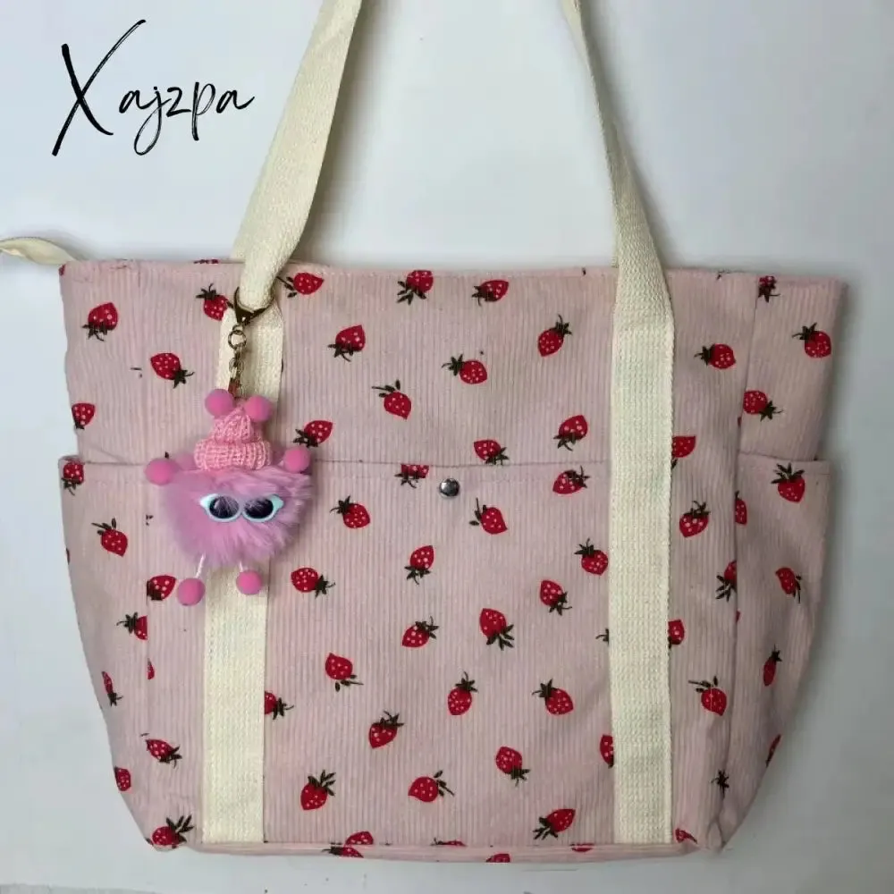 Beautiful Corduroy Strawberry Shoulder Bag Sweet Fresh Versatile Handbag with Academy Style Large Capacity Classroom Tote Bag