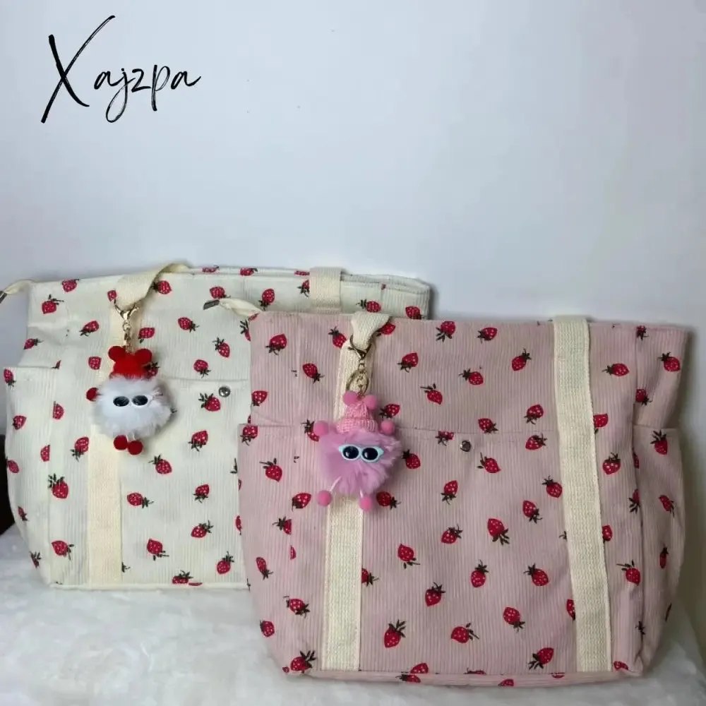 Beautiful Corduroy Strawberry Shoulder Bag Sweet Fresh Versatile Handbag with Academy Style Large Capacity Classroom Tote Bag
