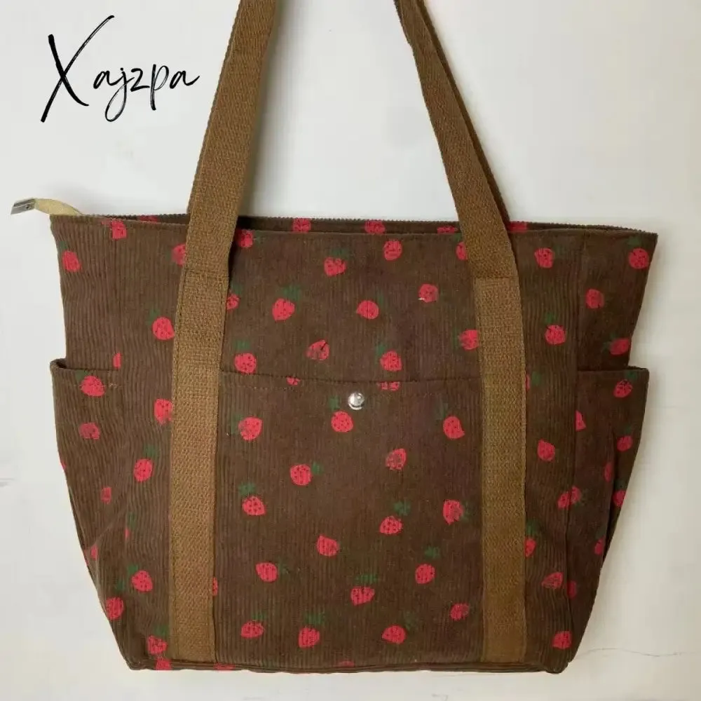 Beautiful Corduroy Strawberry Shoulder Bag Sweet Fresh Versatile Handbag with Academy Style Large Capacity Classroom Tote Bag