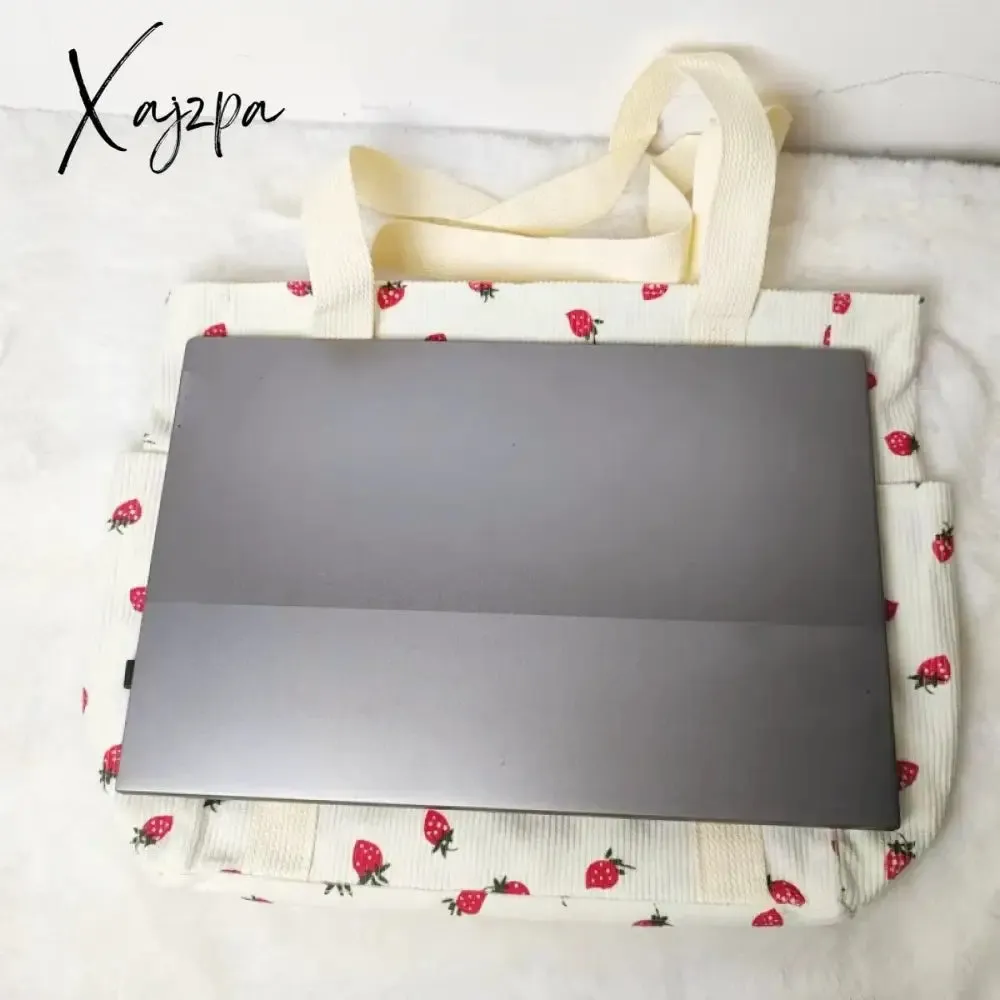 Beautiful Corduroy Strawberry Shoulder Bag Sweet Fresh Versatile Handbag with Academy Style Large Capacity Classroom Tote Bag