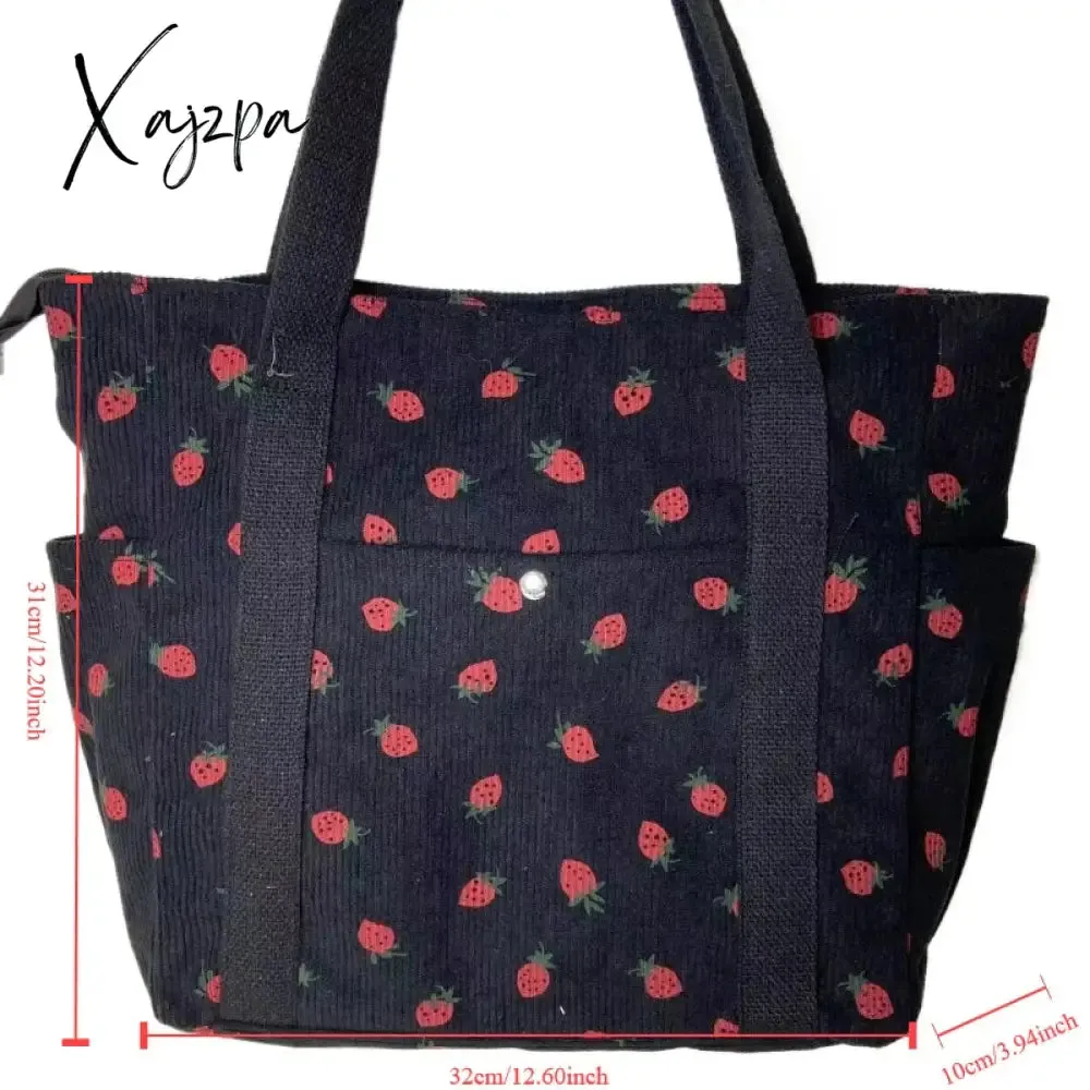 Beautiful Corduroy Strawberry Shoulder Bag Sweet Fresh Versatile Handbag with Academy Style Large Capacity Classroom Tote Bag
