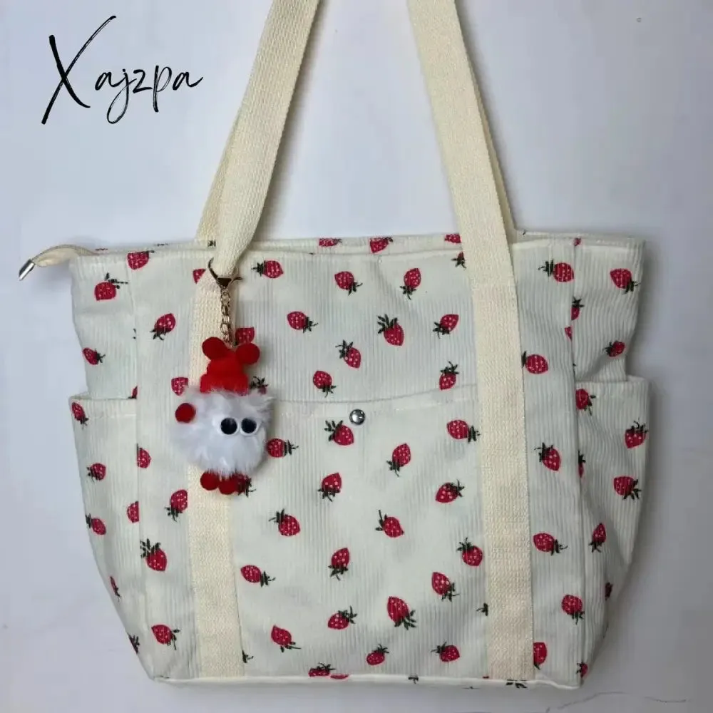 Beautiful Corduroy Strawberry Shoulder Bag Sweet Fresh Versatile Handbag with Academy Style Large Capacity Classroom Tote Bag