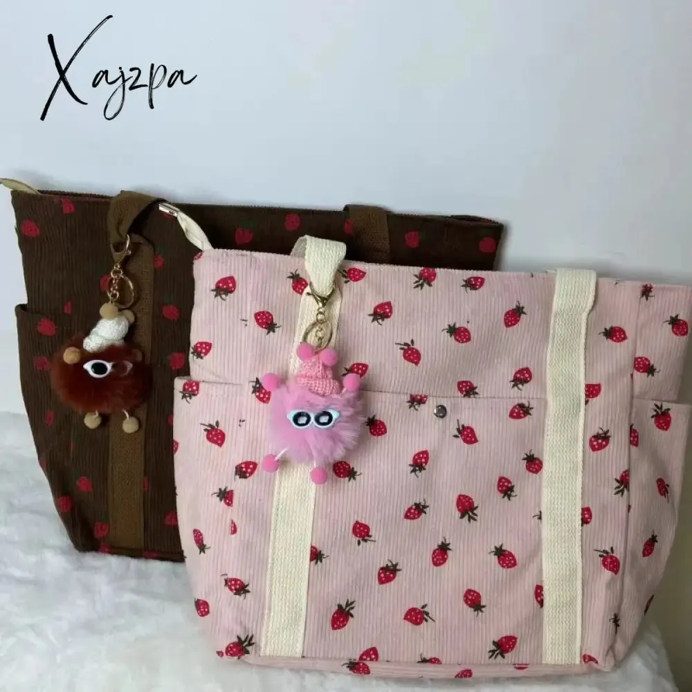 Beautiful Corduroy Strawberry Shoulder Bag Sweet Fresh Versatile Handbag with Academy Style Large Capacity Classroom Tote Bag